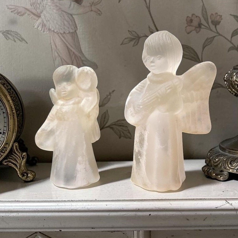 Frosted Glass Angel Candleholders, Set of 2, Vtg Candlestick Holders, Sculptures